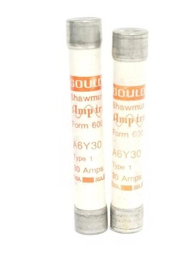 Used LOT OF 2 GOULD SHAWMUT AMP-TRAP A6Y30 FORM 600 FUSES TYPE 1, 30AMP