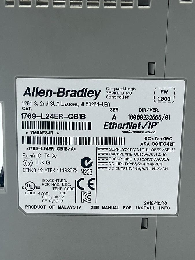 Used Allen-Bradley 1769-L24ER-QB1B CompactLogix 5370 L2 Controller Ser A 750KB