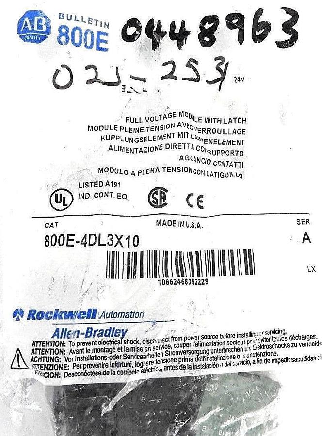 Used NEW ALLEN BRADLEY 800E-4DL3X10 FULL VOLTAGE MODULE W/ LATCH 800E4DL3X10, SER. A