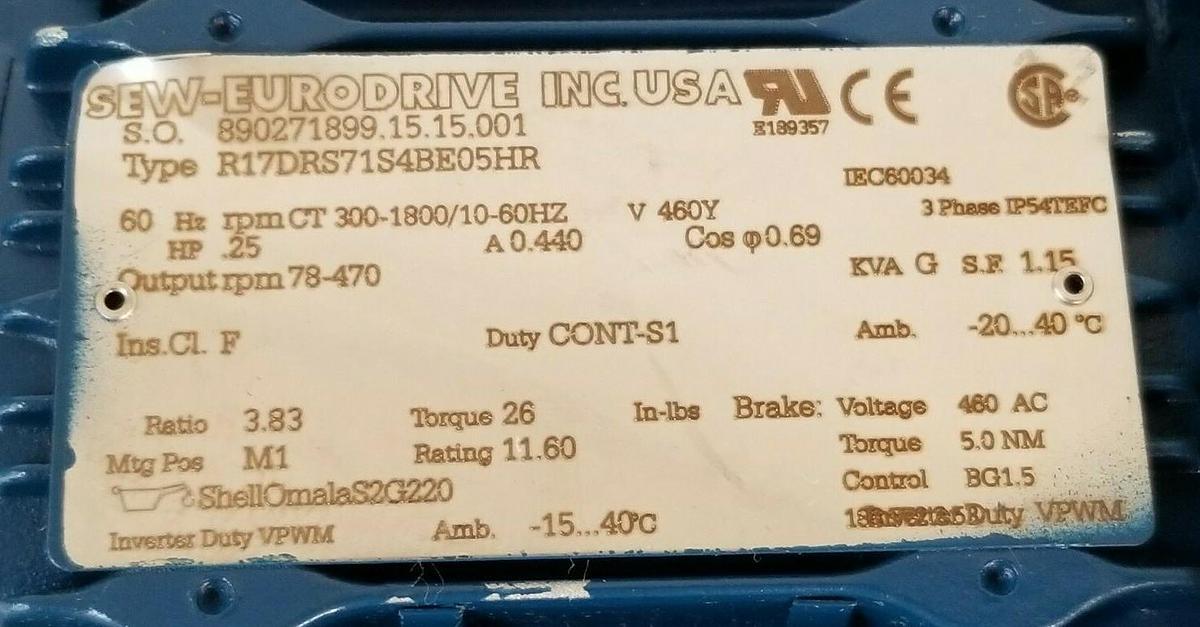 Used NEW SEW EURODRIVE R17DRS71S4BE05HR GEARMOTOR ASSEMBLY .25HP