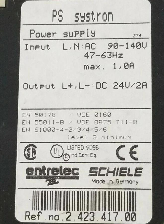 Used ENTRELEC SCHIELE 2.423.417.00 PS SYSTRON POWER SUPPLY, 24V/2A OUTPUT, 242341700