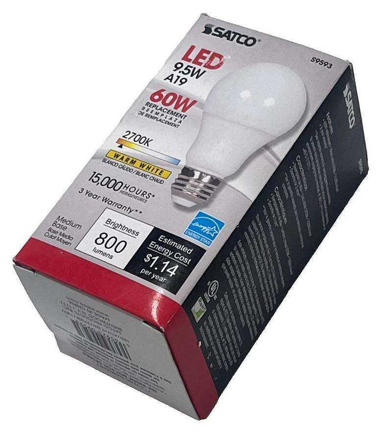 (2) SATCO 9.5W A19 LED Bulbs S9593 60W Replacement 2700K Warm White Non-Dimmable