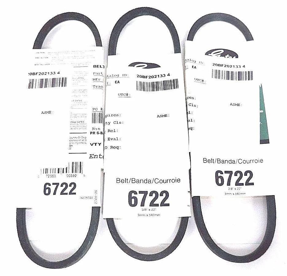 Used LOT OF 3 NEW GATES 6722 V-BELTS 22'' LG, 3/8'' WIDE