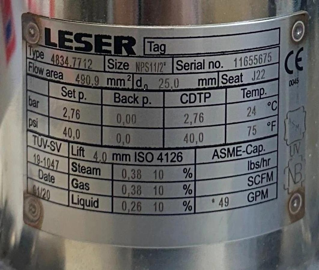 LESER 4834.7712 Type 483 Safety Relief Valve 1.5" x 2" NPS 316L/SS 40psig NSNP
