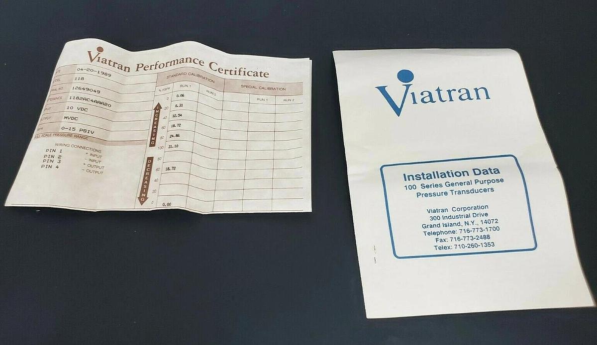 NIB VIATRAN 1182AC4AAA20 PRESSURE TRANSDUCER RANGE: 0-15PSIV, 15V MAX, MODEL 118
