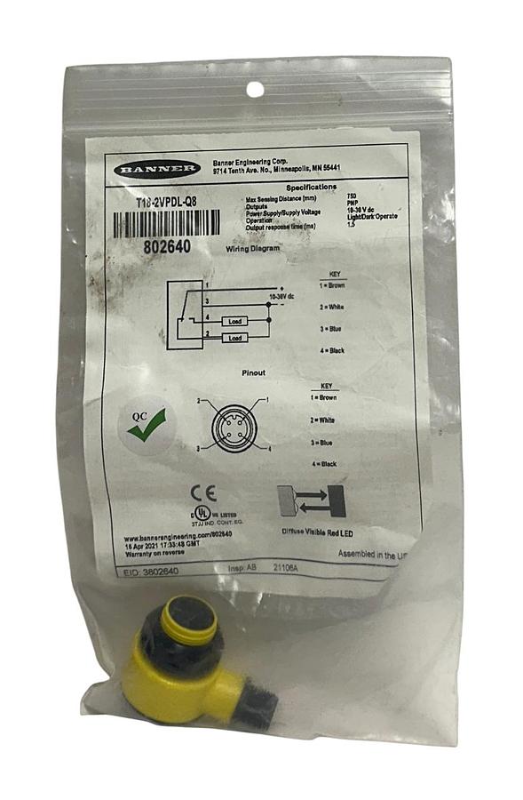 Used BANNER T18-2VPDL-Q8 / 802640 WASHDOWN PHOTOELECTRIC SENSOR T18-2 SERIES PNP NSMP