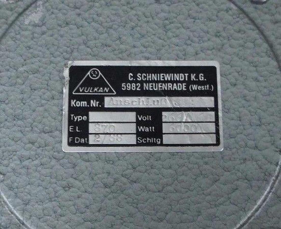SCHNIEWINDT VULKAN EL: 87.0 FDAT: 2/88 VOLT: 266/460 WATTS: 6000 KOM.NR. ANSCH