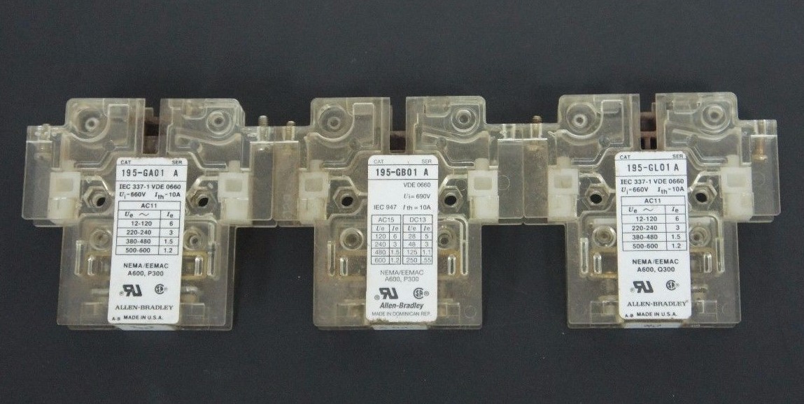 Used LOT OF 3 ALLEN BRADLEY AUXILIARY CONTACTS 195-GA01 , 195-GL01 , 195-GB01 SER. A
