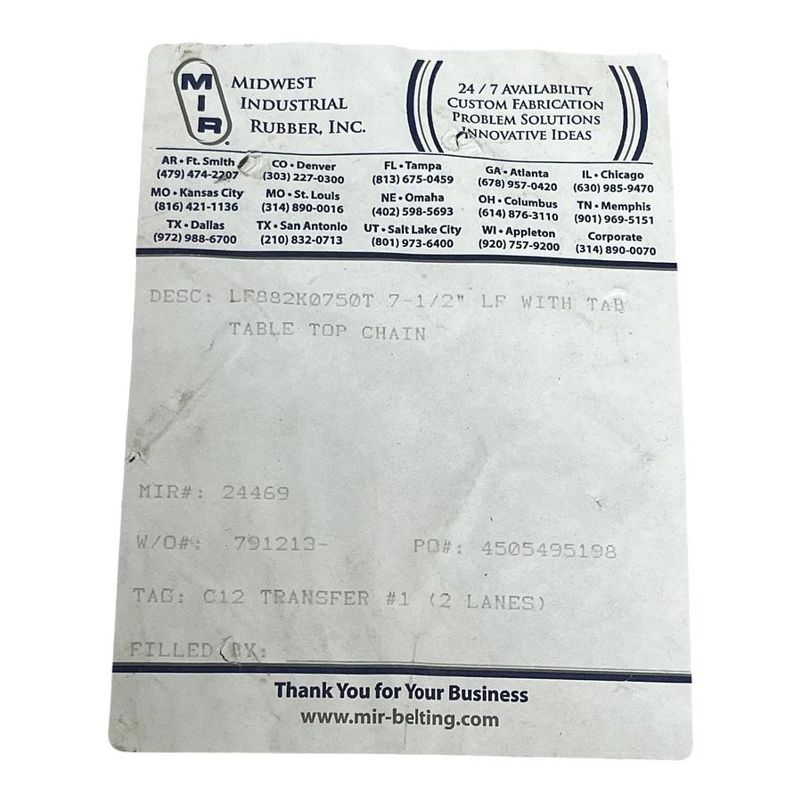 MIR LF882K0750T 7-1/2" X 10FT Table Top Chain Conveyor Slat Belt With Tab - NSMP