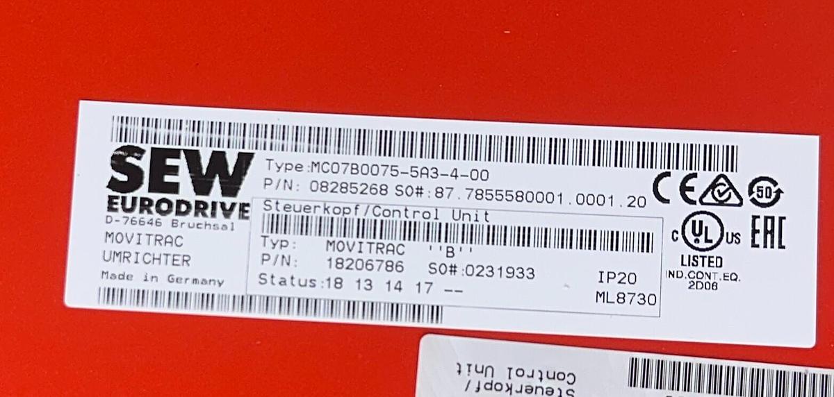 Used SEW MDX60A0074-5A3-4-00 / MC07B0075-5A3-4-00 MOVITRAC B INVERTER 18206786 NSNP