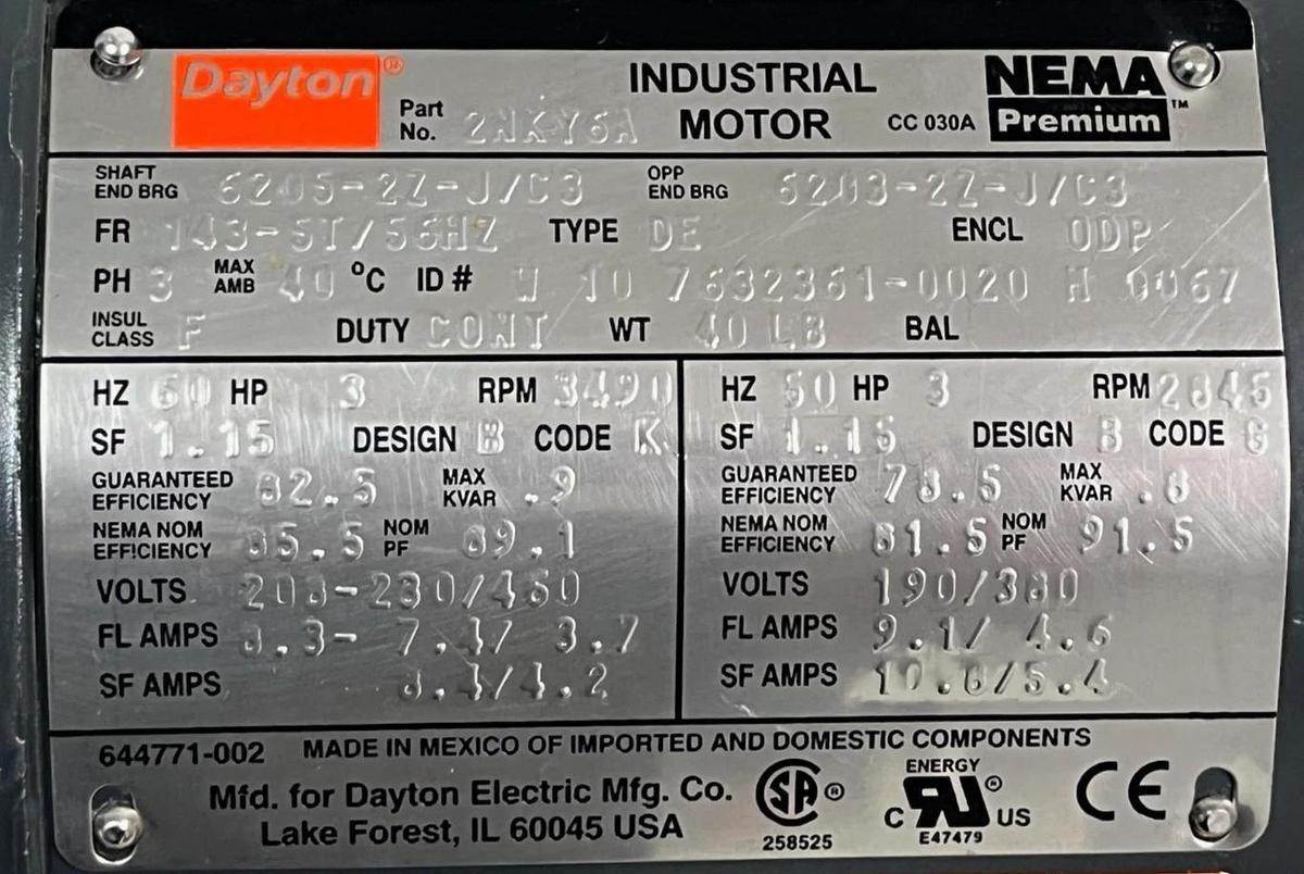 Dayton 2NKY6A General Purpose Motor 3 HP 3490 RPM 3-Phase 230/460V NEMA Premium