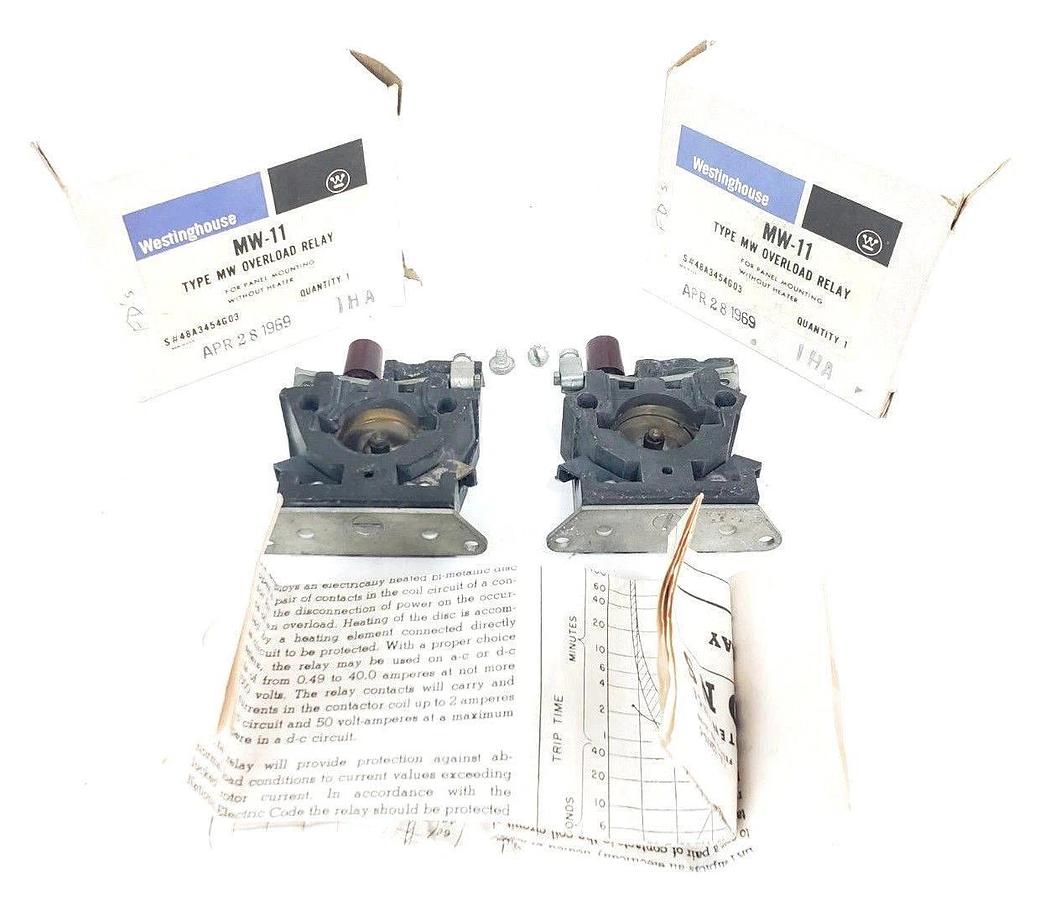Used LOT OF 2 WESTINGHOUSE MW-11 TYPE MW OVERLOAD RELAYS