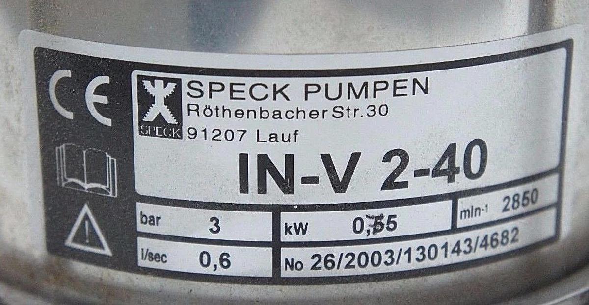 Used NIB SPECK PUMPEN IN-V 2-40 MULTISTAGE CENTRIFUGAL PUMP DSKG80A-2 AG67839 MOTOR