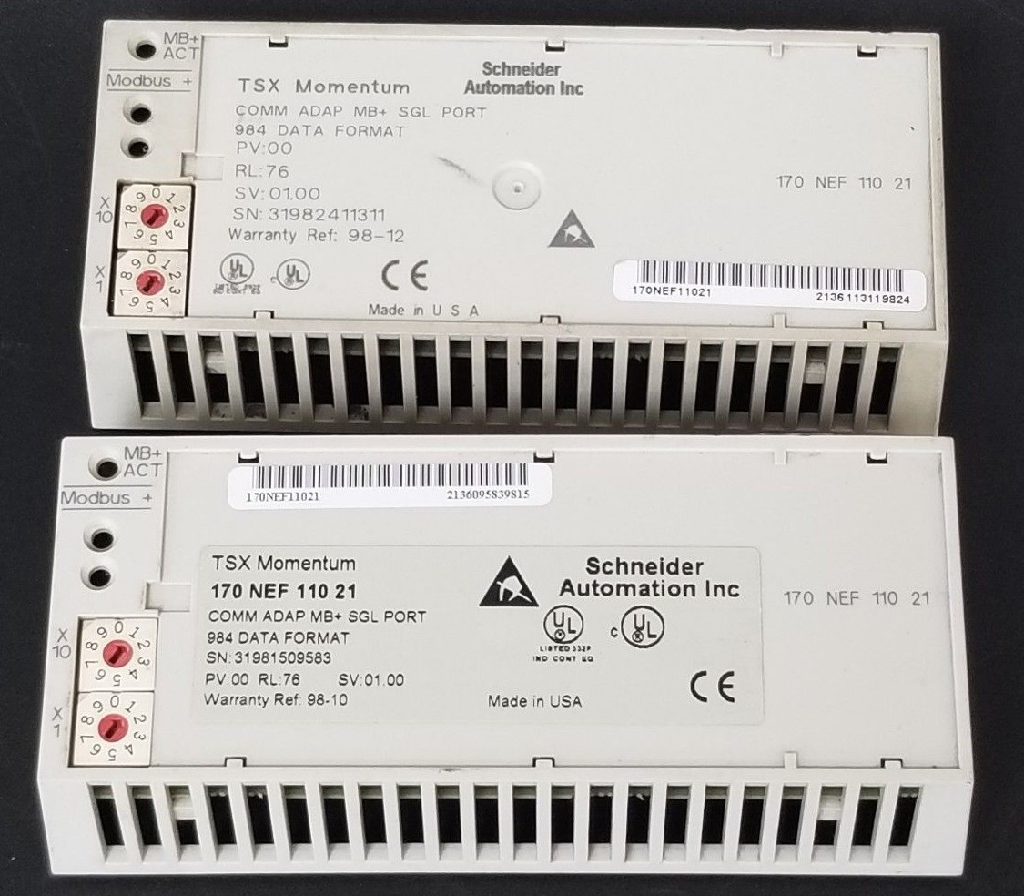 Used 2 SCHNEIDER MODICON 170NEF11021 COMM ADAP MB+ SGL PORT PV: 00, RL: 76, SV: 01.00
