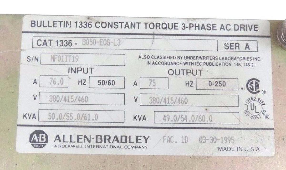 Used ALLEN BRADLEY 1336-B050-E0G-L3 DRIVE COVER ONLY SER A, 1336B050E0GL3