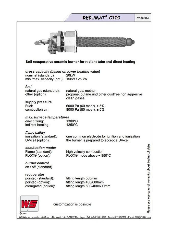 WS Wärmeprozesstechnik REKUMAT C 100 Recuperative Ceramic Burner 20kW NEW