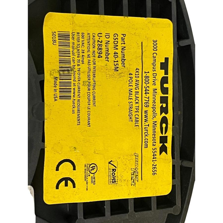 Turck Powerfast GSDM 40-15M Power Cordset 1 3/8" D-Size 4-Pin 15m
