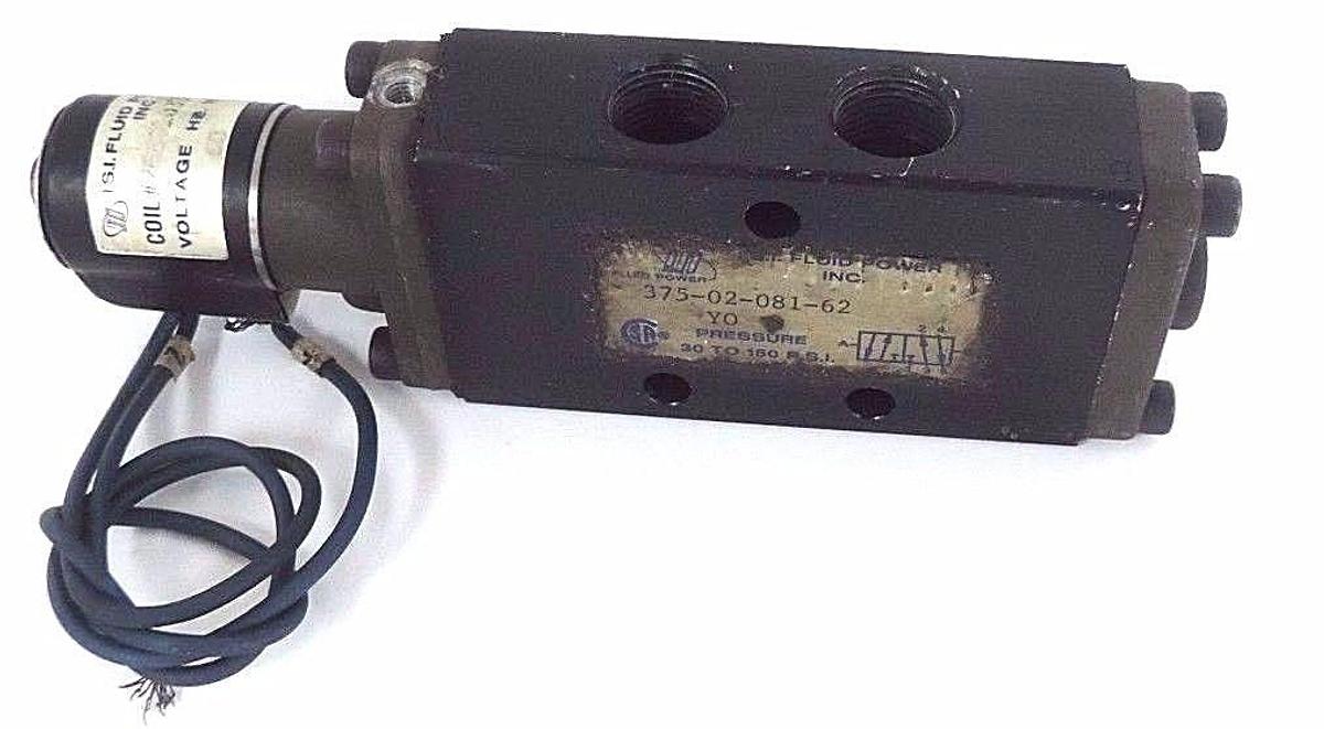 Used FLUID POWER 375-02-081-62 PNEUMATIC VALVE 30 TO 150 PSI W/ 26E01033 COIL