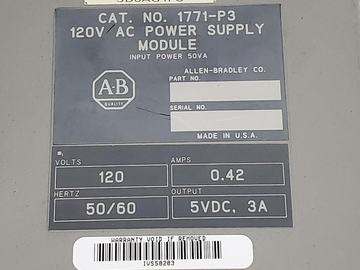 Used ALLEN-BRADLEY 1771-P3 120VAC POWER SUPPLY MODULE 0.42A, 50/60HZ, 5VDC/3A OUT
