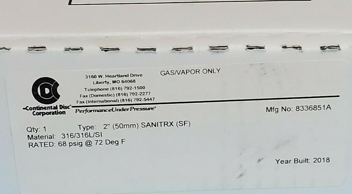 NIB CONTINENTAL DISC CORP. 8336851A TYPE: 2'' SANITRX (SF) 50MM GAS/VAPOR