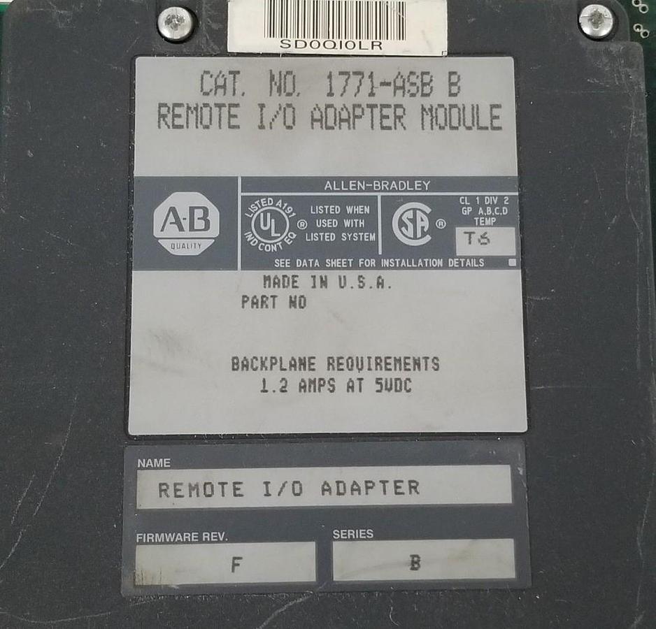 Used ALLEN BRADLEY 1771-ASB SER. B REMOTE I/0 ADAPTER F/W: F, 1771ASB