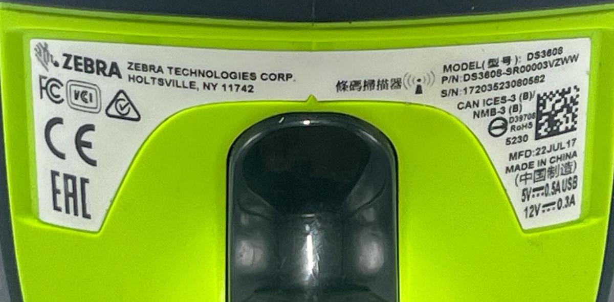 Used ZEBRA DS3608 Ultra-Rugged Industrial 1D/2D Barcode Scanner Kit USB CBA-U46-S07ZA
