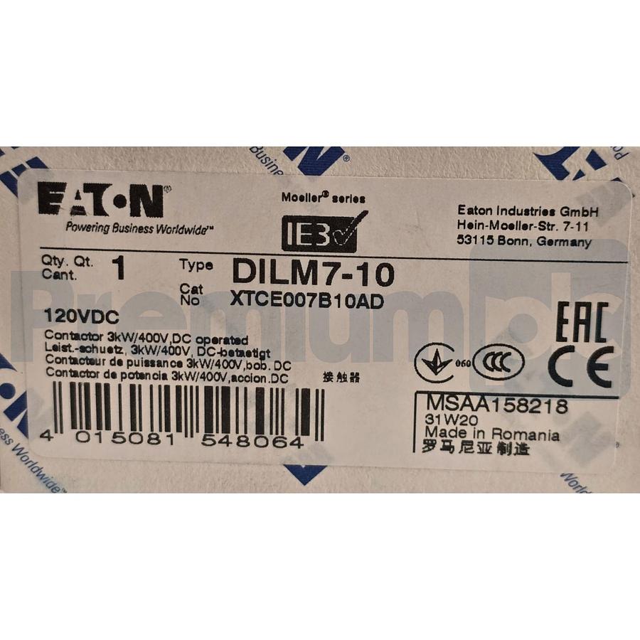 Used EATON XTCE007B10AD - DILM7-10 XT IEC CONTACTOR 7A, 120V DC COIL, 3P DILM710 NSMP