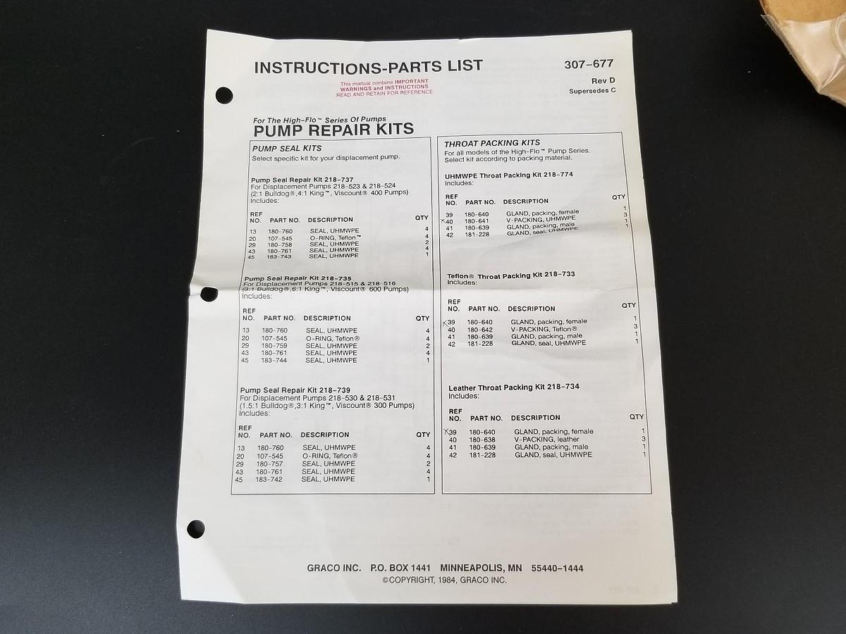 Used NEW GRACO PUMP SEAL REAPAIR KIT 218-737 / 218-735 / 218-739