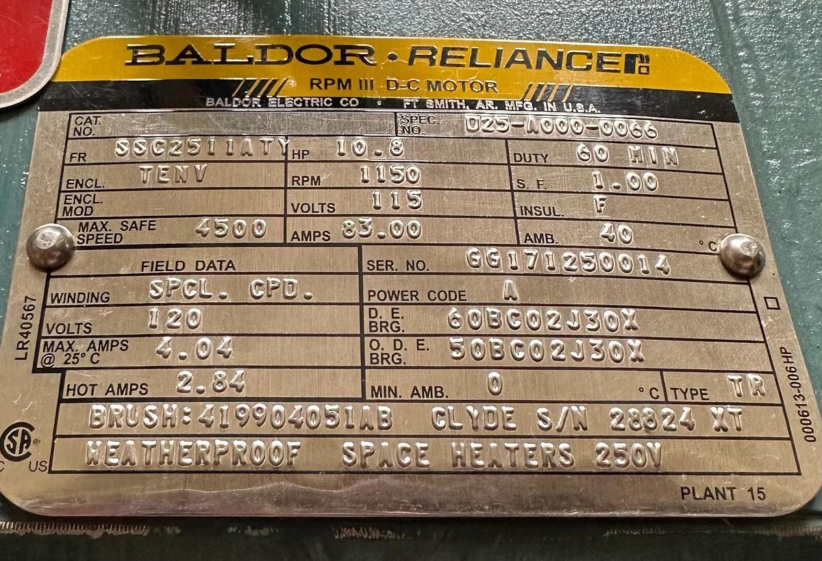 Used NEW BALDOR RELIANCE D25-A000-0066 / D25A0000066 RPM III D-C MOTOR 10.8HP 115V