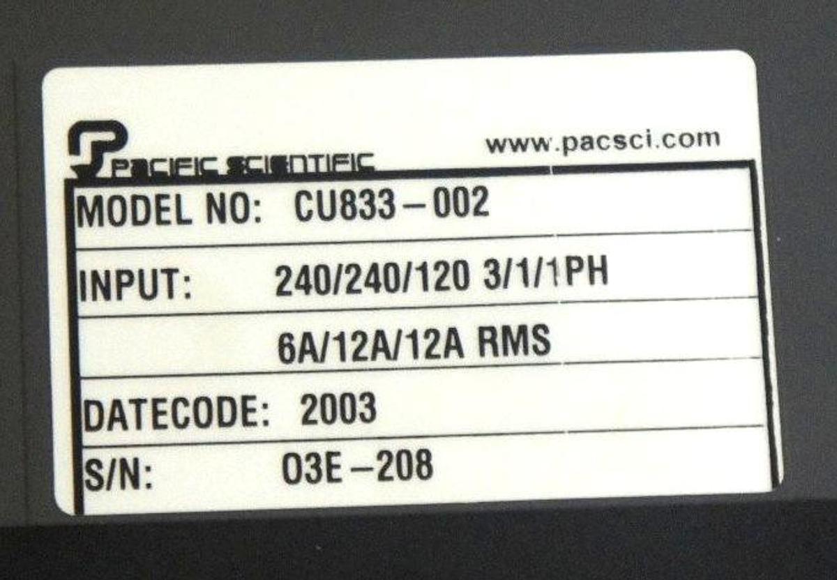 Used PACIFIC SCIENTIFIC PC800 MODEL: CU833-002 BRUSHLESS SERVO DRIVE CU833002