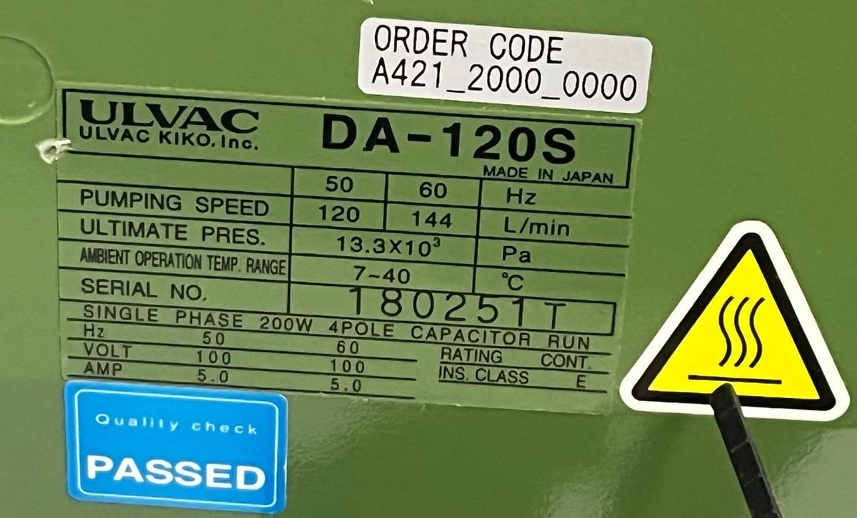 ULVAC DA-120S Diaphragm Vacuum Pump 115V Lab Industrial Oil-Free DA120S