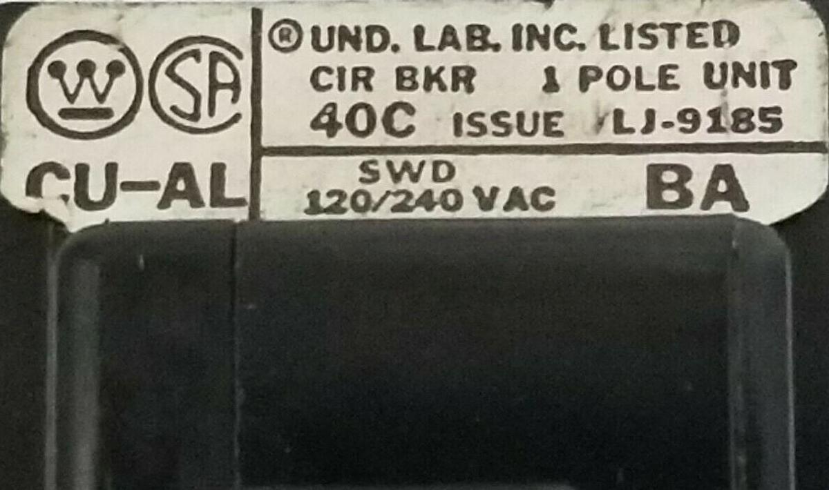 Used NEW WESTINGHOUSE BA120 CIRCUIT BREAKER 1P 120/240VZC SWD 20A