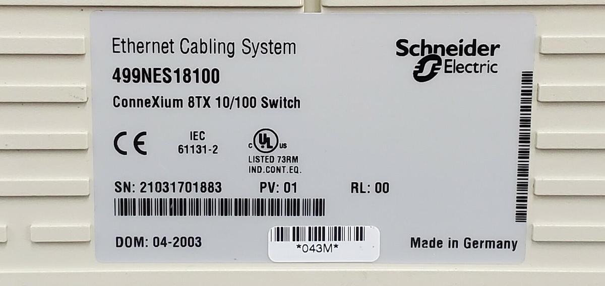 Used TELEMECANIQUE MODICON 499NES18100 CONNEXIUM 8TX 10/100 SWITCH PV: 01 RL: 00