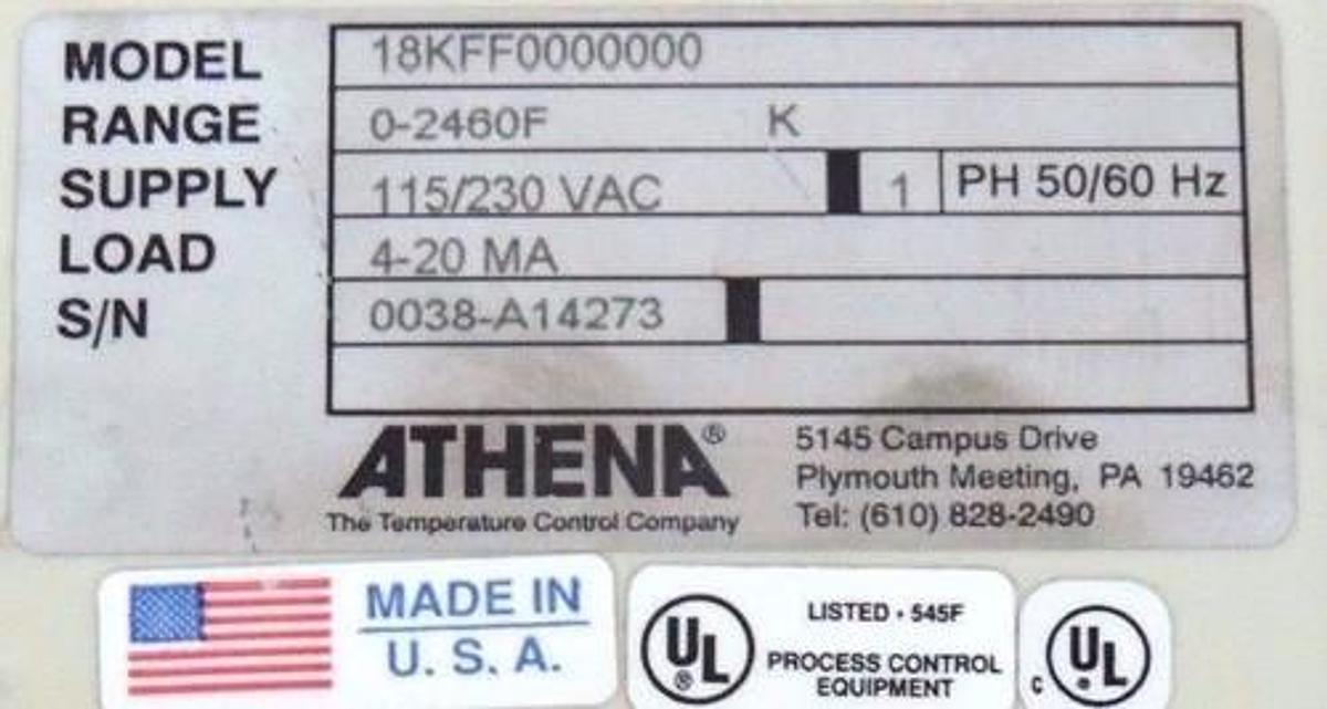 Used ATHENA 18KFF0000000 TEMPERATURE CONTROLLER RANGE 0-2460F 115/230VAC