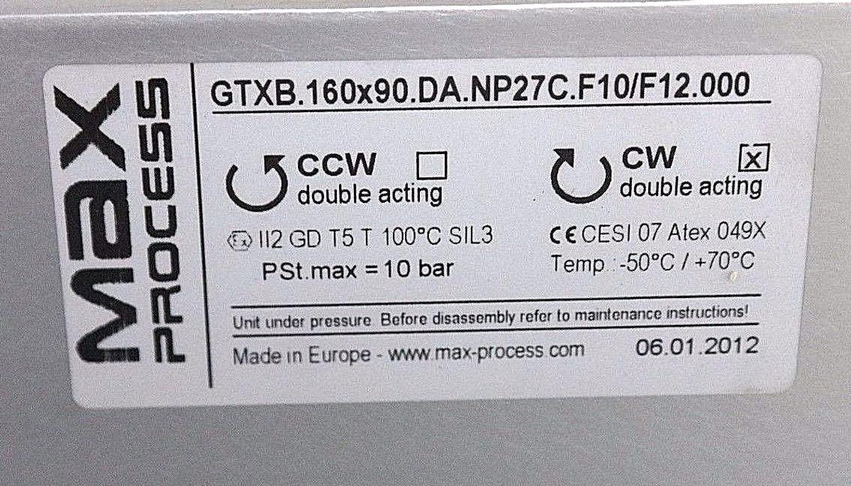 Used NEW MAX PROCESS GTXB.160X90.DA.NP27C.F10/F12.000 DOUBLE ACTING ACTUATOR