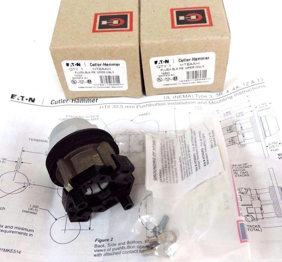 Used LOT OF 2 NIB CUTLER HAMMER HT8AAH FLUSH BLACK PUSHBUTTONS SER. A1 W/ HT8GR1