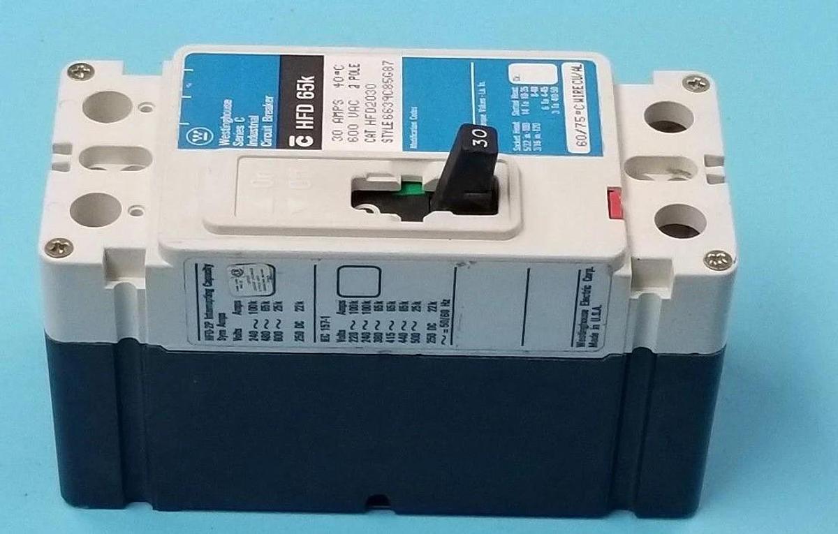 Used WESTINGHOUSE 6639C85G87 CIRCUIT BREAKER HFD2030 , SER.C, 600VAC, 30A, HFD 65K
