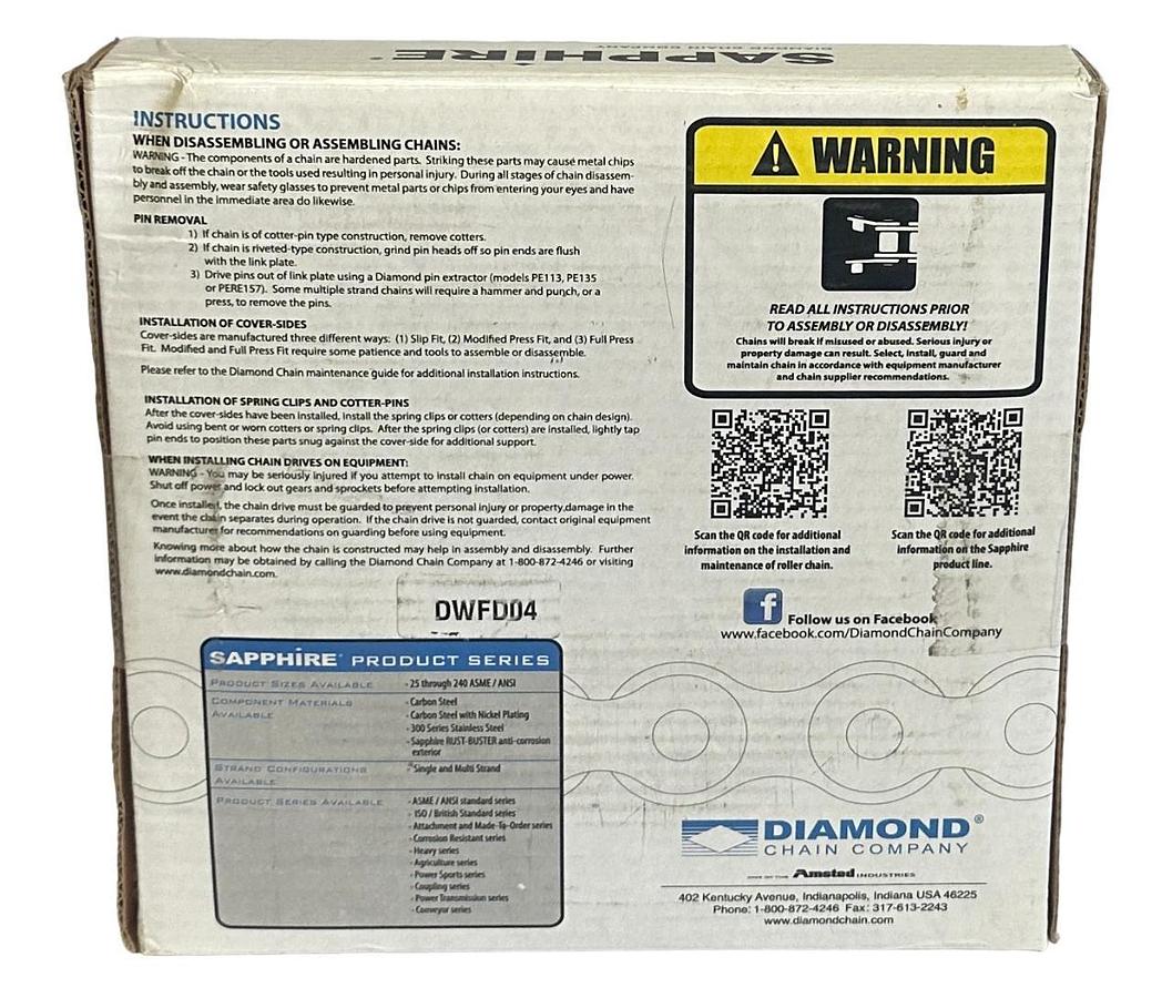 Used NEW DIAMOND S-08B-2R-10FT / S08B2R10FT SAPPHIRE ROLLER CHAIN 10FT S-08B-2R RIV