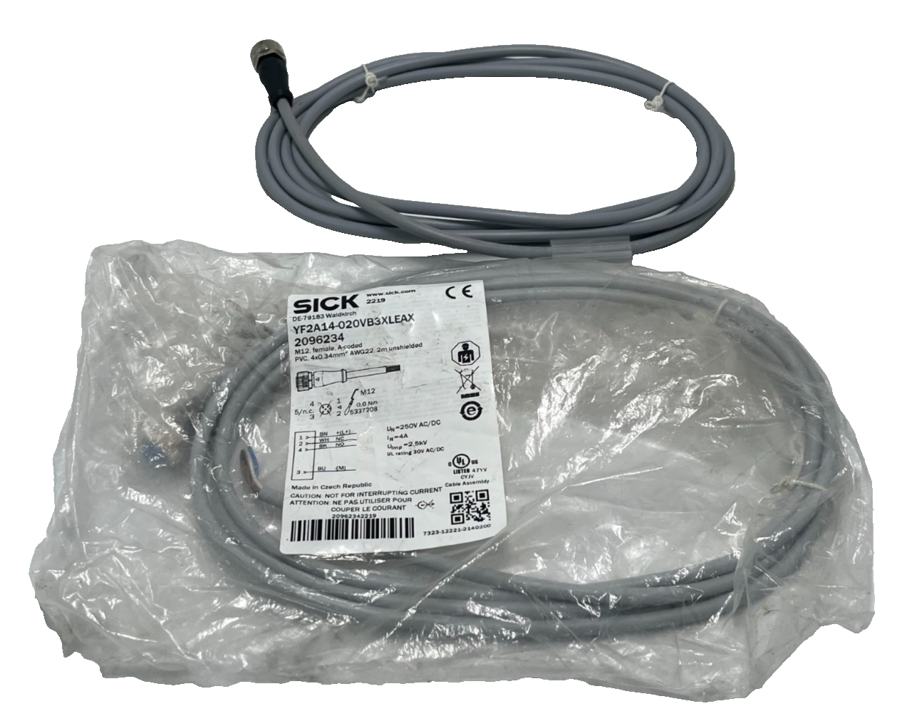 Used LOT OF 2 SICK YF2A14-020VB3XLEAX M12 to M12 Interconnect Cable 4-Pin 2m IP68