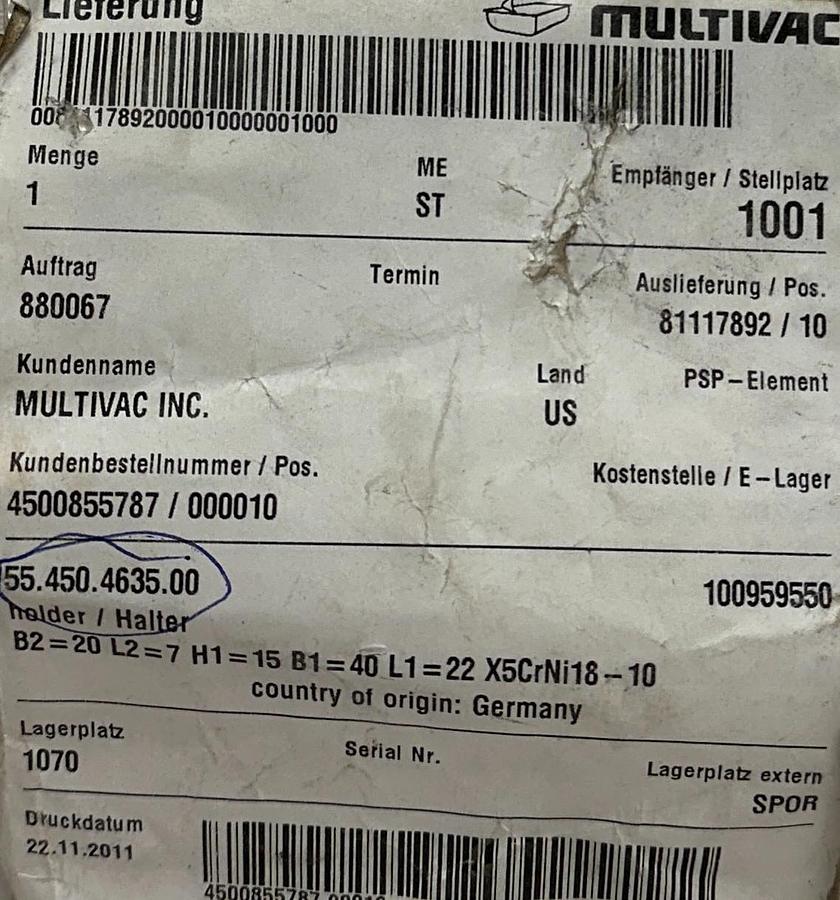 Used MULTIVAC 55.450.4635.00 / 55450463500 OEM Holder B2=20 L2=7 H1=15 B1=40 NSMP