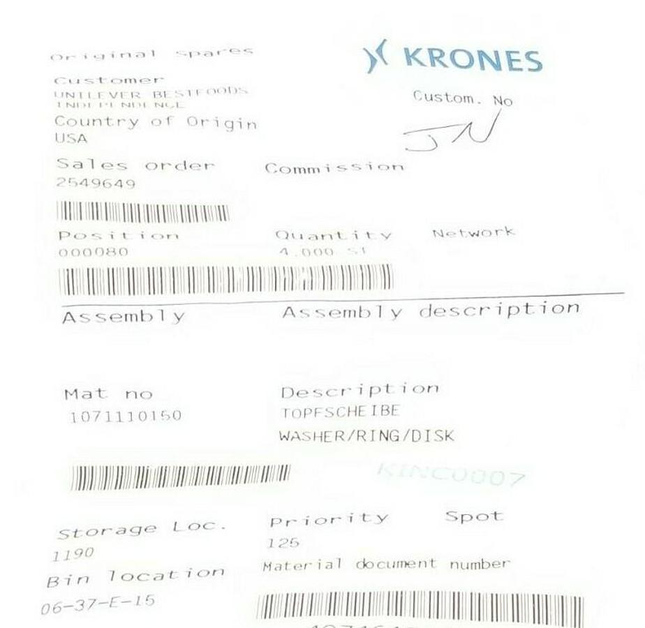 Used LOT OF 4 KRONES 1071110150 WASHER/RING/DISK