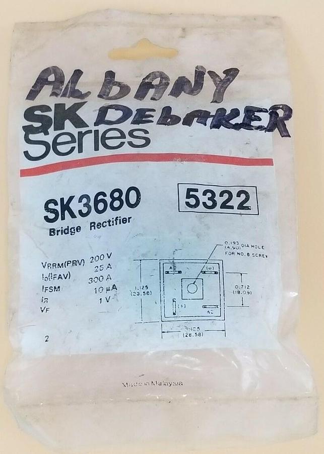 Used NEW RCA SK3680 BRIDGE RECTIFIER SK SERIES 5322, 200V, 25A