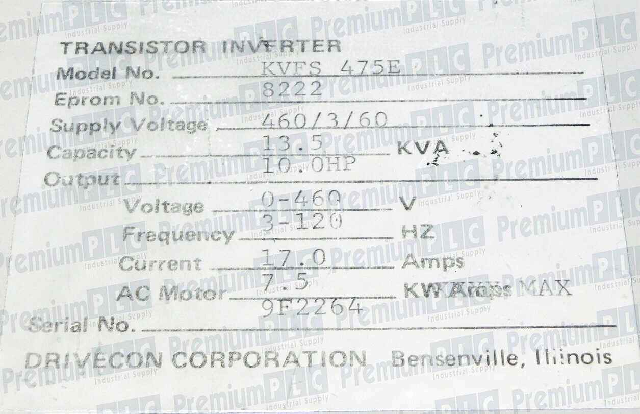 Used DRIVECON CORPORATION KVFS 475E 10.0HP 13.5 KVA TRANSISTOR INVERTER KVFS-475E