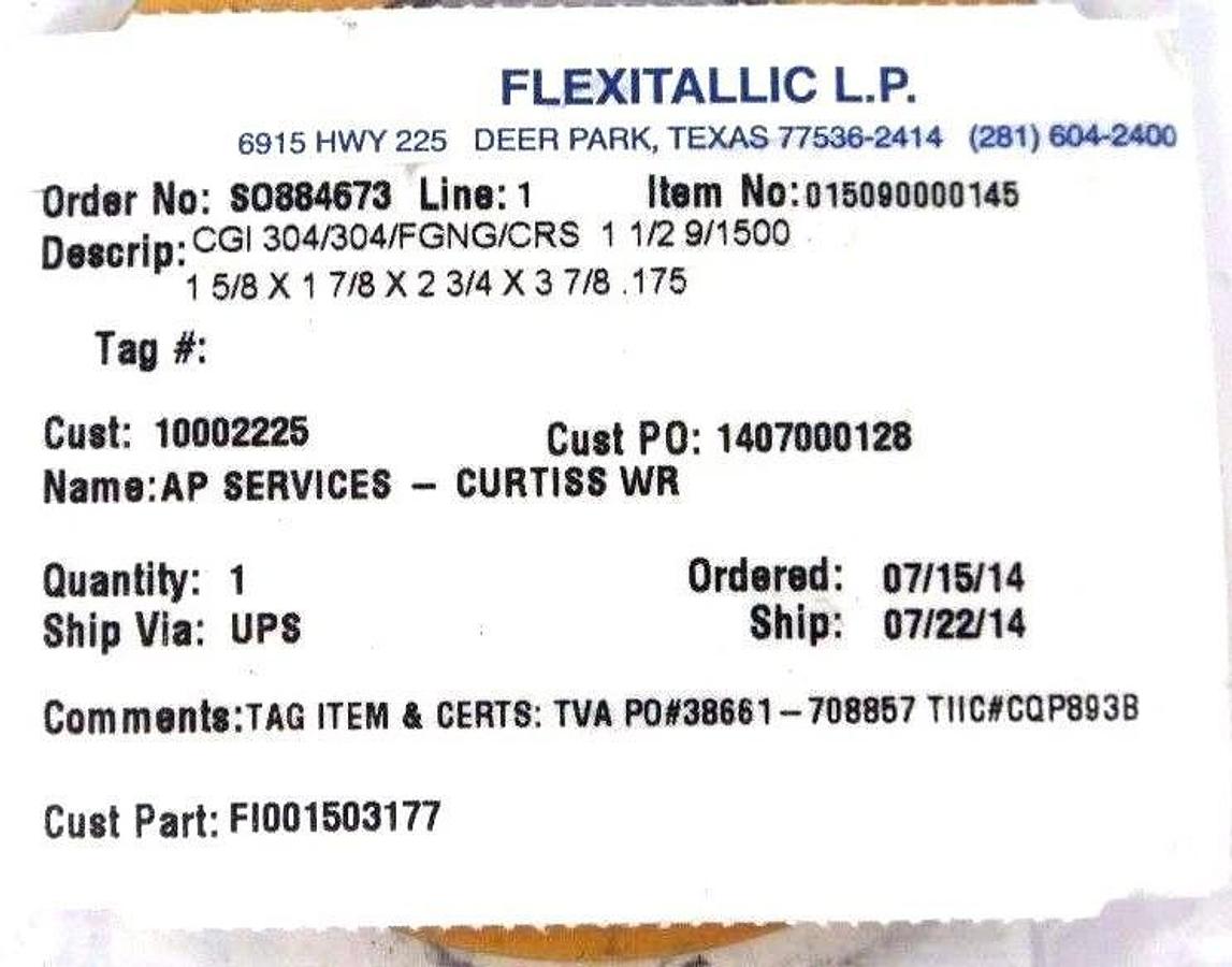 LOT OF 2 NEW FLEXITALLIC CQP893B SPIRAL WOUND GASKETS QA 3, 1-1/2" SS FLEXICARB