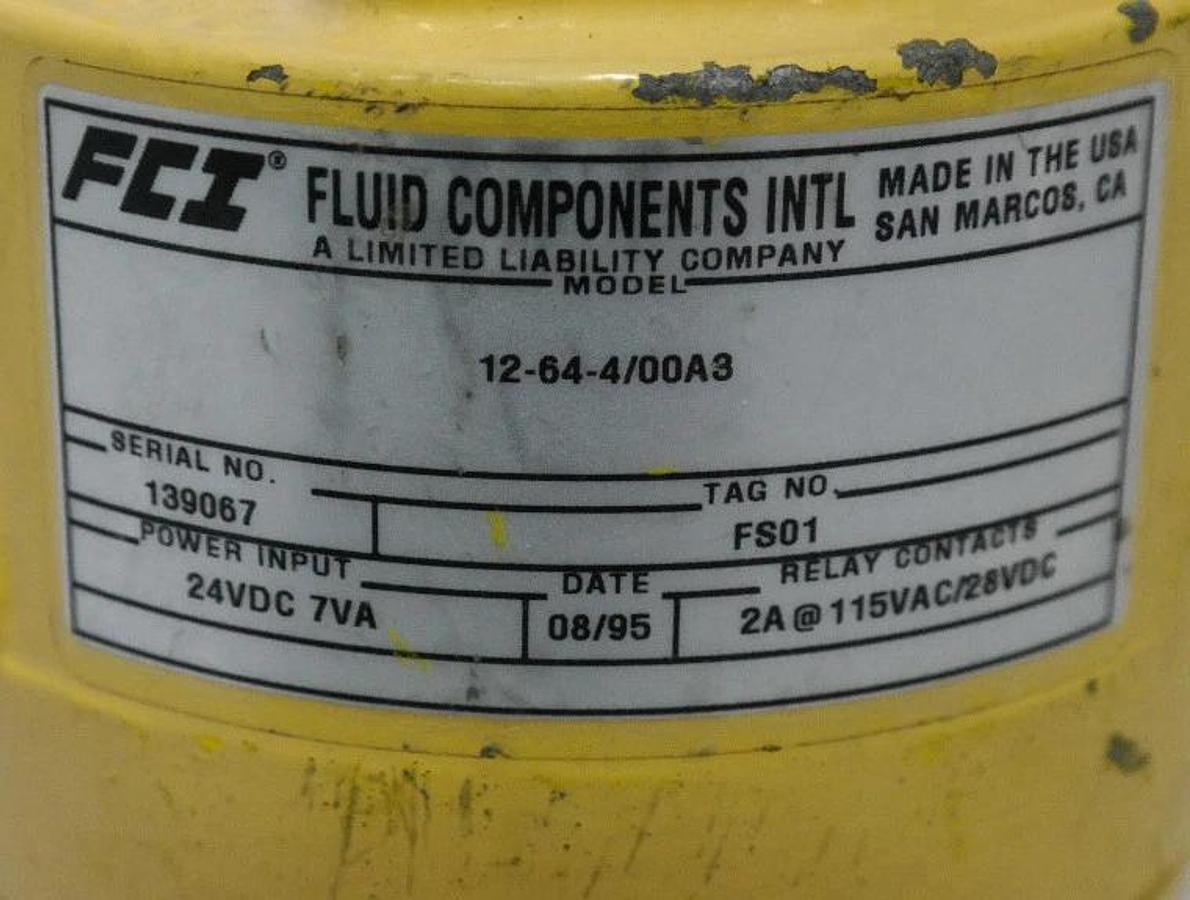 Used FLUID COMPONENTS 12-64-4/00A3 FLOW SWITCH ENCL. 29/30 A2A, 24VDC 7VA