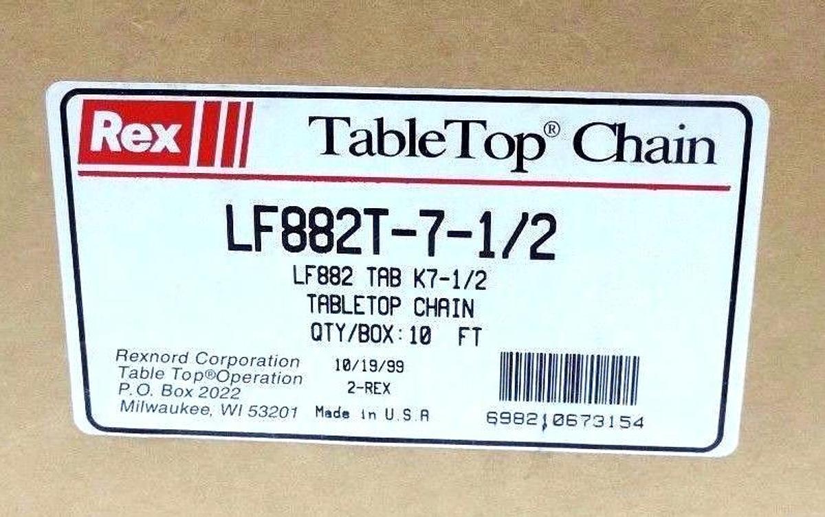 Used NIB REXNORD LF882T-7-1/2 TABLE TOP CHAIN 10FT LENGTH 7-1/2" WIDTH 1-1/2" PITCH