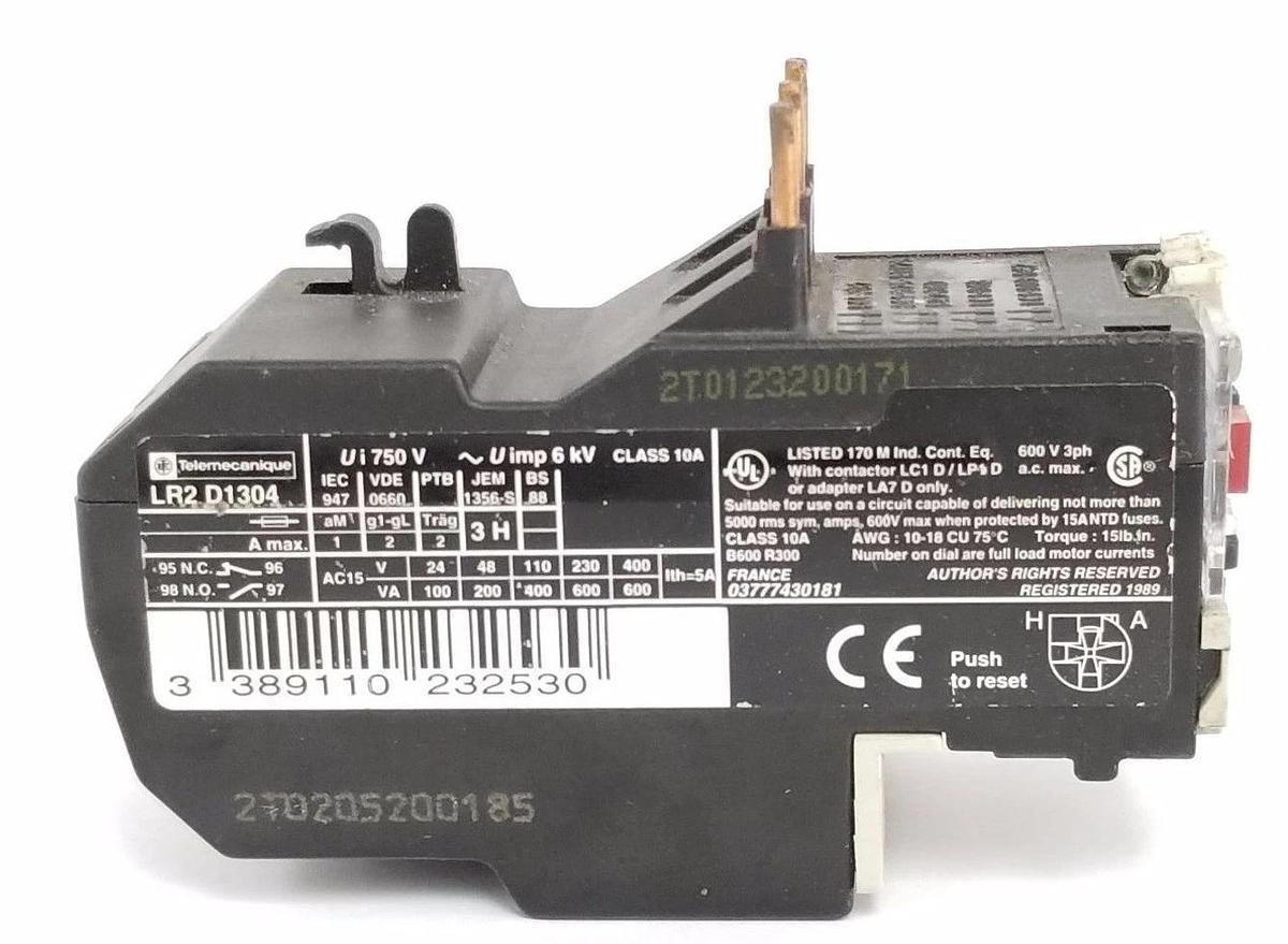 Used TELEMECANIQUE LR2-D1304 OVERLOAD RELAY BIMETALLIC 0.4-0.63AMP, 3P, 600VAC