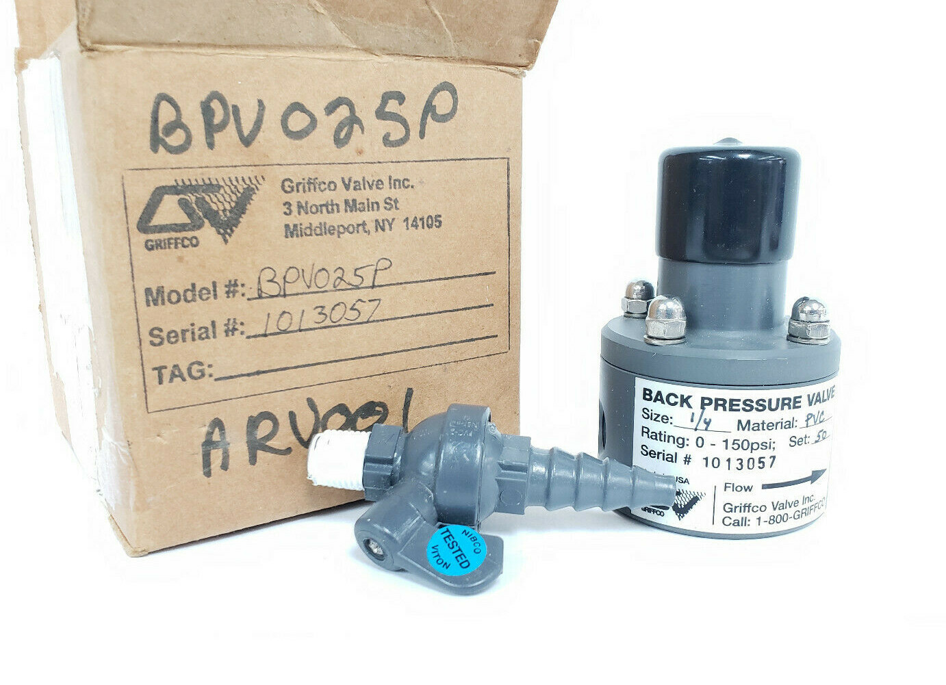 Used NEW GRIFFCO BPV025P BACK PRESSURE VALVE, 1/4" 0.25 IN., PVC, 0-150PSI, SET: 50