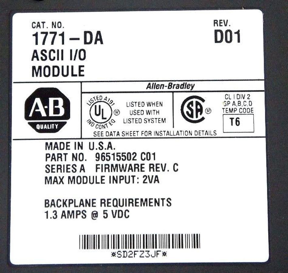 NIB ALLEN BRADLEY 1771-DA ASCII I/O MODULE SER. A, CAT REV. D01, F/W REV. C