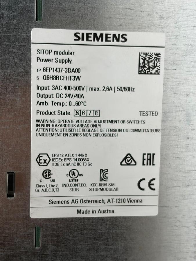 Used Siemens 6EP1437-3BA00 SITOP Modular 40 Power Supply 24V 40A 3-Phase New Surplus